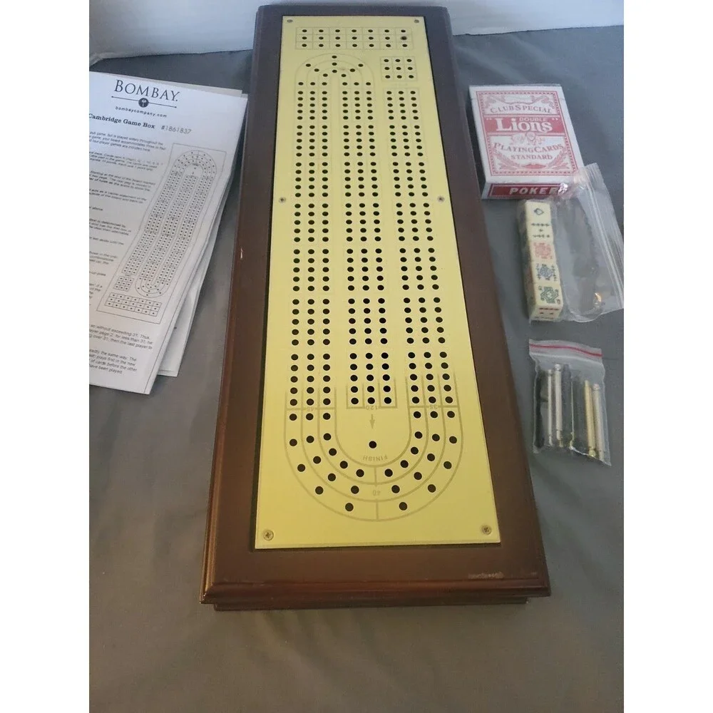 VTG THE BOMBAY COMPANY CAMBRIDGE CRIBBAGE GAME BOX #1861837 WOOD & BRASS READ